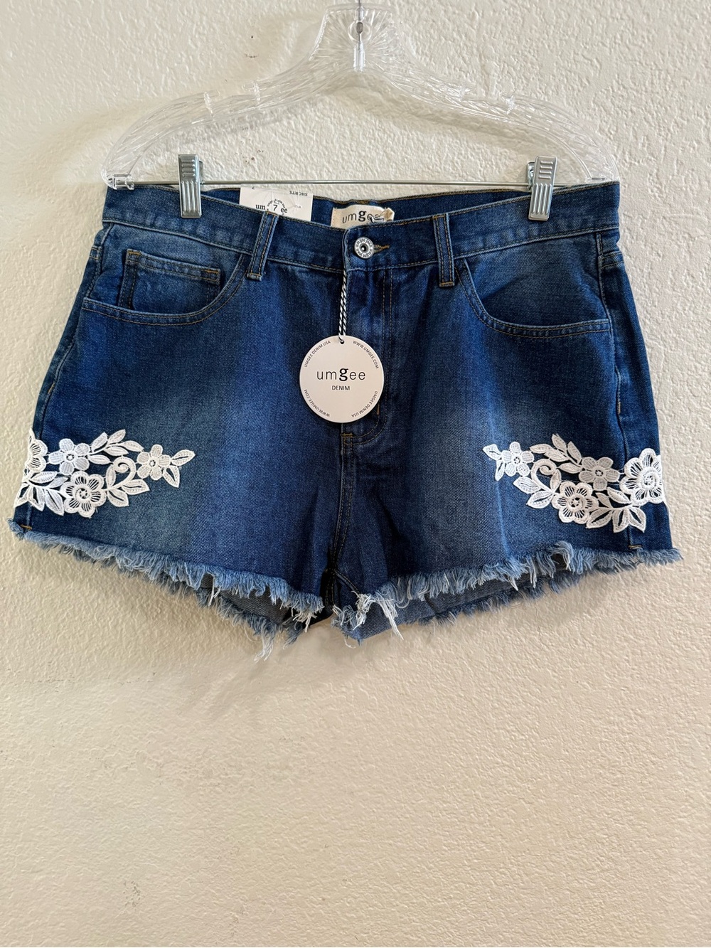 Umgee Dark Blue Denim Shorts with White Floral Lace Applique